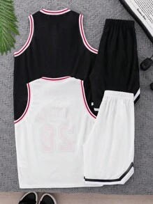 SHEIN Leap Crew 4pcs Tween Boys' Casual Versatile Number Print Rib Collar Sleeveless Loose Knit Tank Top And Shorts 2 Pieces Set, 2 Designs X 1 Set - Multicolor - View 2