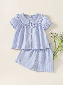 SHEIN 女宝宝荷叶边领条纹短袖上衣和短裤 2 件套 - 藍色 - 查看 2