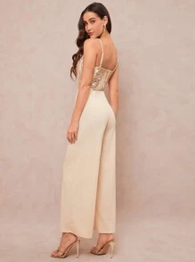 Amorya 女士亮片拼接阔腿优雅连体裤 - 香檳色 - 查看 2