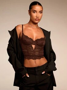 SHEIN BAE 女士性感蕾丝百搭时尚单品紧身胸衣上衣性感吊带背心，适合外出、约会之夜、主题派对和音乐会、新年前夜、圣诞派对女士上衣 - 咖啡棕 - 查看 1