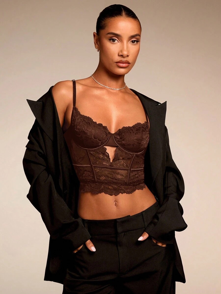 SHEIN BAE 女士性感蕾丝百搭时尚单品紧身胸衣上衣性感吊带背心，适合外出、约会之夜、主题派对和音乐会、新年前夜、圣诞派对女士上衣 - 咖啡棕 - 查看 1
