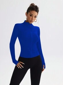 SHEIN Sports 修身运动跑步夹克，带拉链，弹力紧身休闲长袖瑜伽上衣 - 寶藍色 - 查看 2