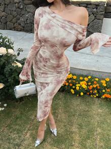 DAZY Robe mi-longue élégante à manches évasées asymétriques avec imprimé floral sur tout le corps, robe d'automne pour femmes - Nude - Voir 8