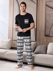Geometric Pattern Print Leisure Patch Pocket Short Sleeve Pants Men Pajama Set - Black and White - View 7