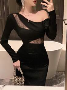 DAZY Váy dài vừa phải ren bất đối xứng cho nữ Đầm dạ hội thanh lịch, Đầm thu Đầm dài tay - màu đen - Xem 9