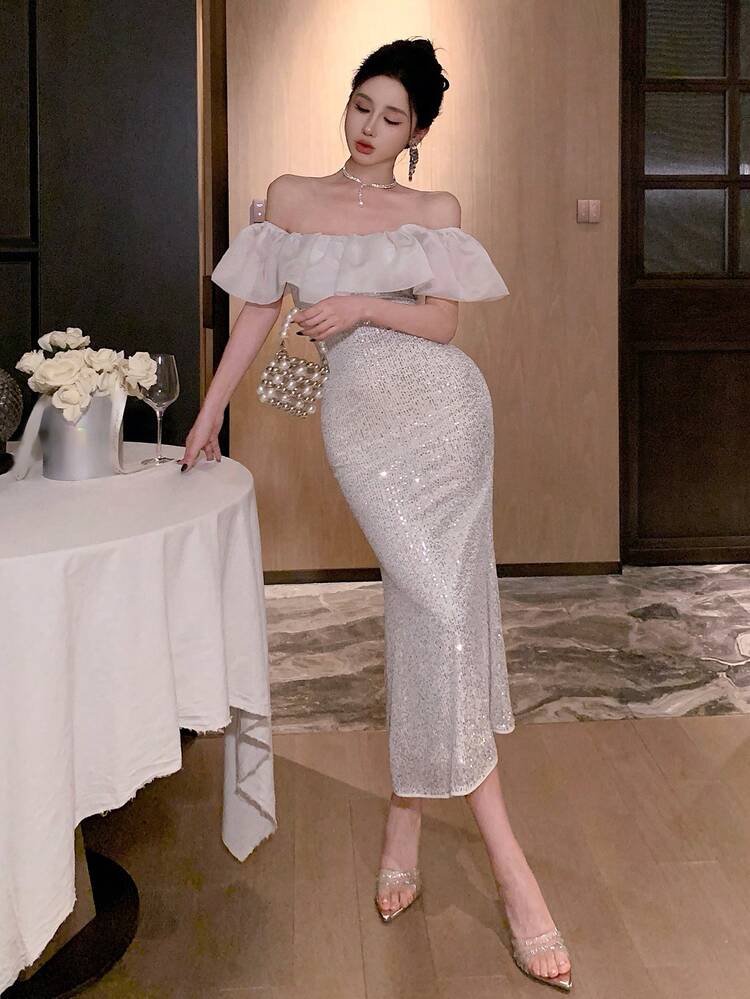 Sexy Bodycon Wedding Season Date Night Ruffled Splice Sequin Party Metallic Shiny Off Shoulder Fishtail Midi Dress For Women Summer Prom Dress Party Women Sundress Homecoming Dresses Luxury New Year Eve Dress Valentine's Day Carnival Sparkly Dress