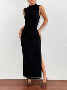 SHEIN EZwear Black Mesh High Slit Sleeveless Dress - Black - View 4