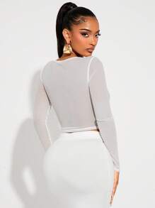 SHEIN SXY Élégant T-shirt asymétrique en maille transparente et blanc unicolore, style minimaliste pour le travail, les fêtes, les rendez-vous, les anniversaires, le quotidien décontracté, le printemps/l'été