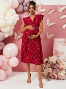 Loomaby Maternity V-Neck Tie Belt Pleated Casual Dress, Suitable For Vacation, For Baby Shower Party,, Valentine's Day,Gender Reveal Dress