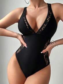 Swim Lushoire 1 pièce Maillot de bain une pièce pour femmes avec patchwork de dentelle, dos nu et couleur unie. Mode loisir élégante pour les vacances.