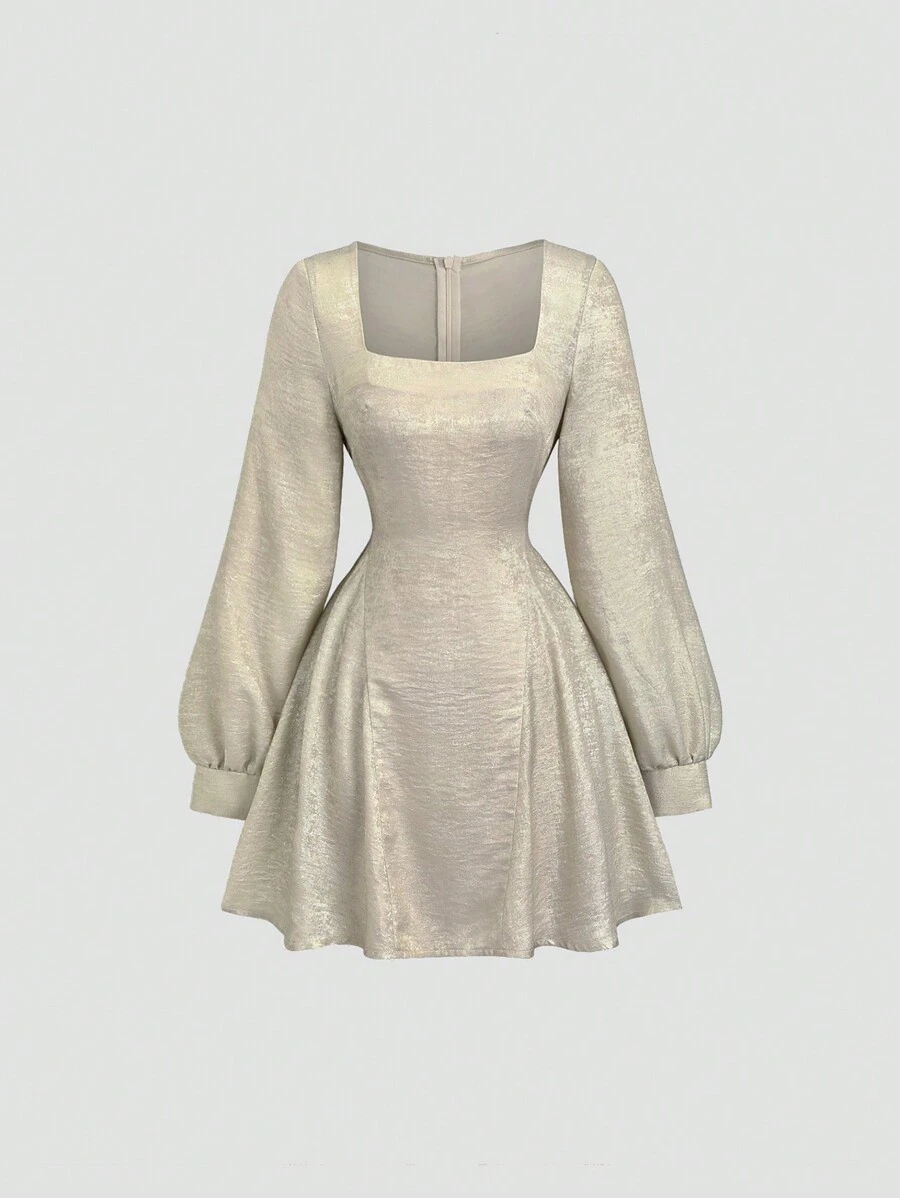 Sweetra Women's Plain Square Collar Long Sleeve Minimalist Short Dress - Apricot - View 1