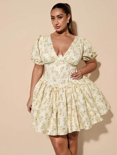 SHEIN BAE Plus Size Women Yellow Floral V-Neck Underwire Ruffle Mini Dress, Elegant & Fashionable For Spring & Summer, 4th Of July Curve, Beach Outfit For Women, Airport Outfit Women, Festival Outfits Women, Graduation, Women Summer Clothes, Going Out Tops Women, Rave Outfits, Club Outfits Women Sexy, Birthday Outfits For Women, Holiday Outfits, Wedding Guest Dress Women, Yellow Dress, Butter Yellow