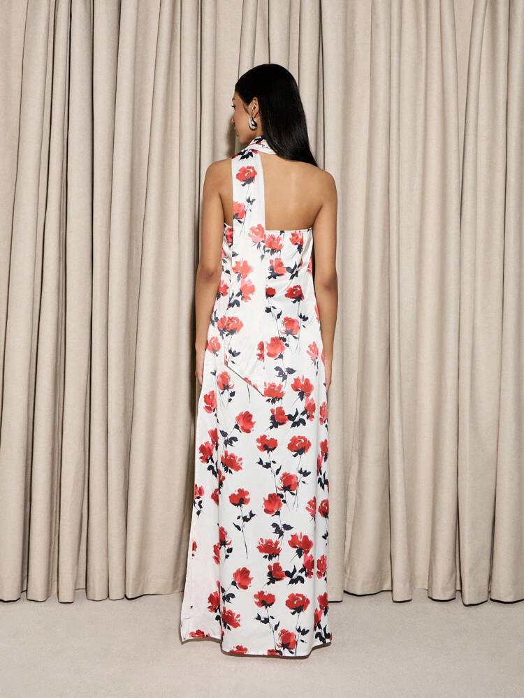 AiiRZ Vestido maxi de flores elegante con cuello alto y diseño de halter sin tirantes, vestido de gala perfecto para invitado de boda, fiesta de jardín de verano u ocasión especial