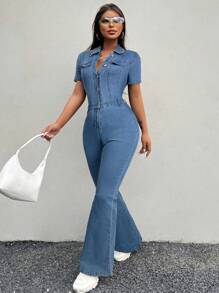 SHEIN SXY Women's Denim Jumpsuit, Skinny Long Flared Pants, Short Sleeve Sexy Stretchy Black - Medium Wash - View 4