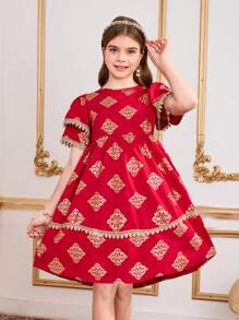 Vestido corto casual y elegante para niñas preadolescentes con manga de volantes y estampado floral