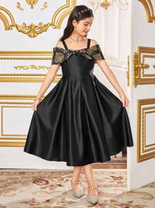 SHEIN Tween Girls' Elegant Print Patchwork Bow Strap Midi Dress - Black - View 5