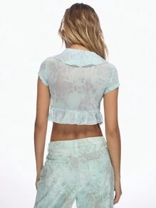 MISSGUIDED Ruffle Mesh Crop Top Summer Boho Y2K Fashion Tie Front Wrap Blouse Festival Beach Party Vacation Resort Wear - Baby Blue - View 2