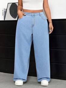 SHEIN ICON Plus Size Denim Wide Leg Pants In Loose And Fashionable Style - Light Wash - View 1