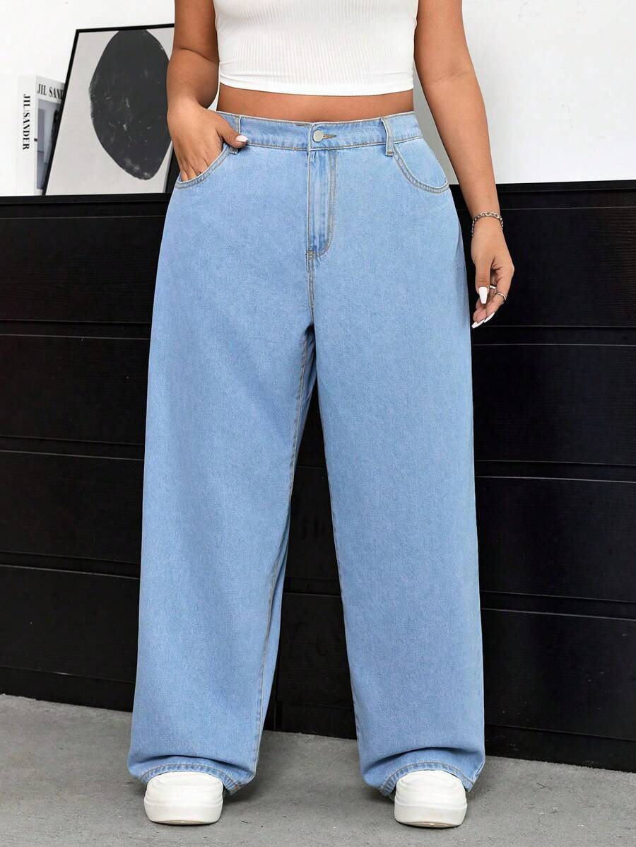 SHEIN ICON Plus Size Denim Wide Leg Pants In Loose And Fashionable Style - Light Wash - View 1