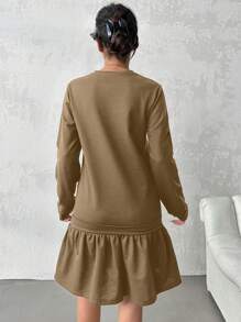 SHEIN Cottnline فستان كاجوال بأكمام طويلة وياقة مستديرة وحافة مطرّزة - كريم - مشاهدة 2