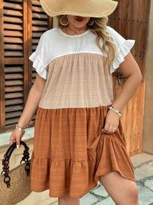 SHEIN VCAY Plus Size Casual Holiday Island Daily Round Neck Colorblock Textured Fabric Short Sleeve A-Line Loose Tunic Mini Dress, Western Wear, Festival, Boho, Hippie, Cowgirl, Bohemian, Summer Outfits For Women, Beach, Summer Clothes For Women, St. Patrick's Day Outfit, Spring Outfits For Women