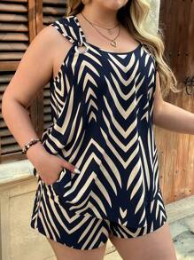 SHEIN VCAY 加大码优雅靛蓝几何图案衬衫搭配宽松口袋短裤，两件套，度假休闲装，波西米亚风，西部风，沙滩装，女士夏季服装 - 藍色 - 查看 5