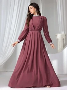 Coutiva Women Contrast Rhinestone Mock Neck Long Sleeve Prom Party Dress, Wedding Guest Dress, Formal Dress, Evening Dress
