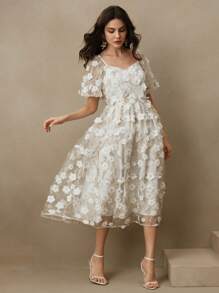 Anewsta 女士精美金色金属刺绣网眼花卉刺绣修身长裙，优雅春季服装 - 白色 - 查看 7