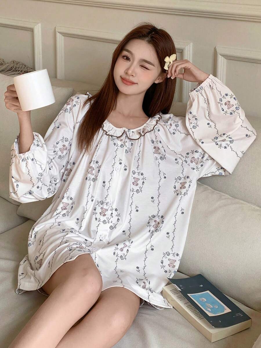 DAZY 2pcs Women Floral All Over Print Loose Long Sleeve Pajamas Set - Beige - View 1