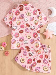 Bộ đồ ngủ tay ngắn và quần short in hình bánh donut màu hồng dễ thương cho bé gái - Hồng - Xem 2