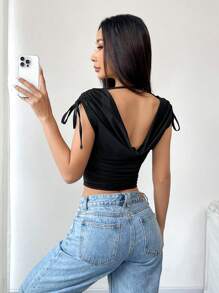 SHEIN Unity Women Solid Color Lace-Up Close-Fitting Minimalist Casual Top, Everyday Wear, Black, For Going Out - Black - View 2