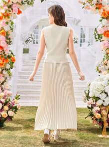 2 件套：优雅通勤蝴蝶结装饰百褶中长裙，适合少女