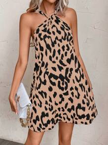 SHEIN VCAY Vestido casual estilo leopardo con cuello de halter, adecuado para el día a día