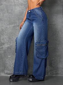 SHEIN ICON 女士低腰美式工装直筒牛仔裤 - 深色水洗藍 - 查看 3
