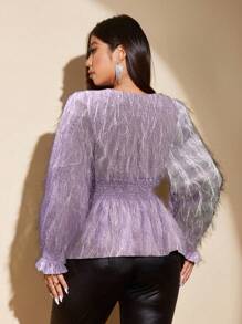 Viva Relle Blusa de moda de manga larga con volantes en el dobladillo, cuello en V profundo, decoración con flecos en la cintura y diseño de parches para mujer de talla grande, Top de Peplum para Acción de Gracias