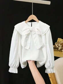 Blusa de manga larga con cuello redondo, color azul marino, para niñas preadolescentes
