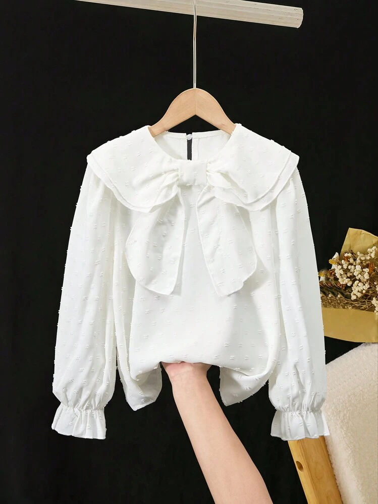 SHEIN Blusa de manga larga con cuello redondo, color azul marino, para niñas preadolescentes - Blanco - Añade 3