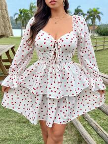 Flirla Plus Size Valentine's Day Heart Print Lace-Up Dress