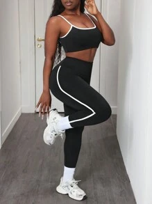 SHEIN Elegantes und stilvolles 2-teiliges Set: Minimal-Vintage Rückenfrei-Top + High-Waist Fitness Leggings, schmeichelhaft konturiert, Po anhebend, schlankend, perfekt für Streetwear, Gym, Sport, Yoga - Schwarz und Weiss - Übersicht 4