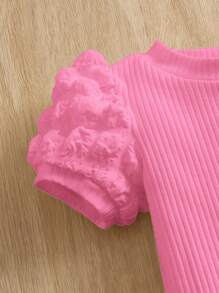 SHEIN Baby Girl Casual Solid Color Puff Sleeve Round Neck Mini Dress, Suitable For Summer, Filipiniana Terno - Hot Pink - View 3