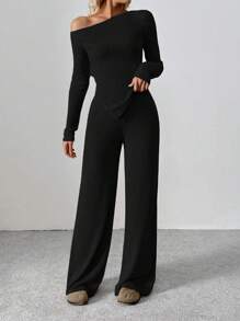 Flirla Tall 2pcs Women Winter Casual Asymmetrical Asymmetric Neck Fuzzy Tee + Wide Leg Lounge Pants Set Fall Cloth For Women - Black - View 6