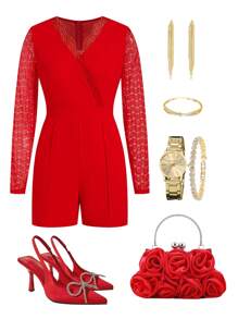 SHEIN Clasi V-Neck Lace Sleeve Jumpsuit ,Spring Outfits For Women, Coquette ,Festival - Red - View 1