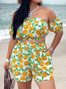 SHEIN VCAY 露肩荷叶边衬衫和斜口袋短裤 - 彩色 - 查看 4