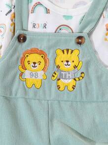 SHEIN Playful Pals 2 件套男婴幼儿卡通狮子印花短袖上衣和狮子刺绣围兜短裤套装，适合春夏季，室内外，日常穿着 - 綠色 - 查看 5