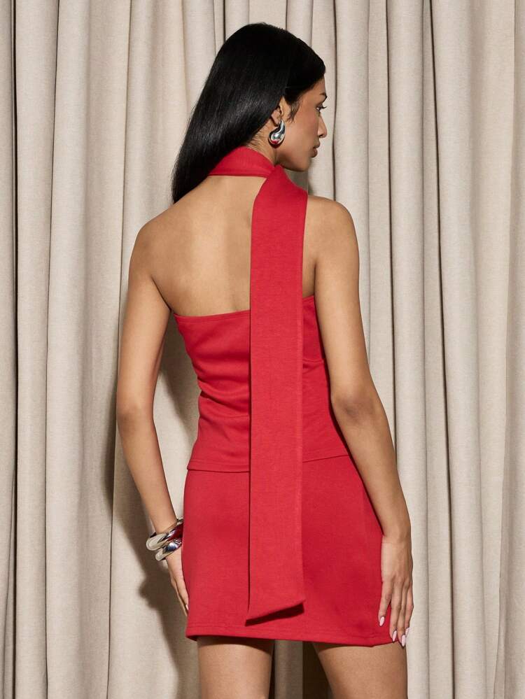 Asymmetric One Shoulder Bodycon Mini Skirt Halter Scarf Two-Piece Outfit