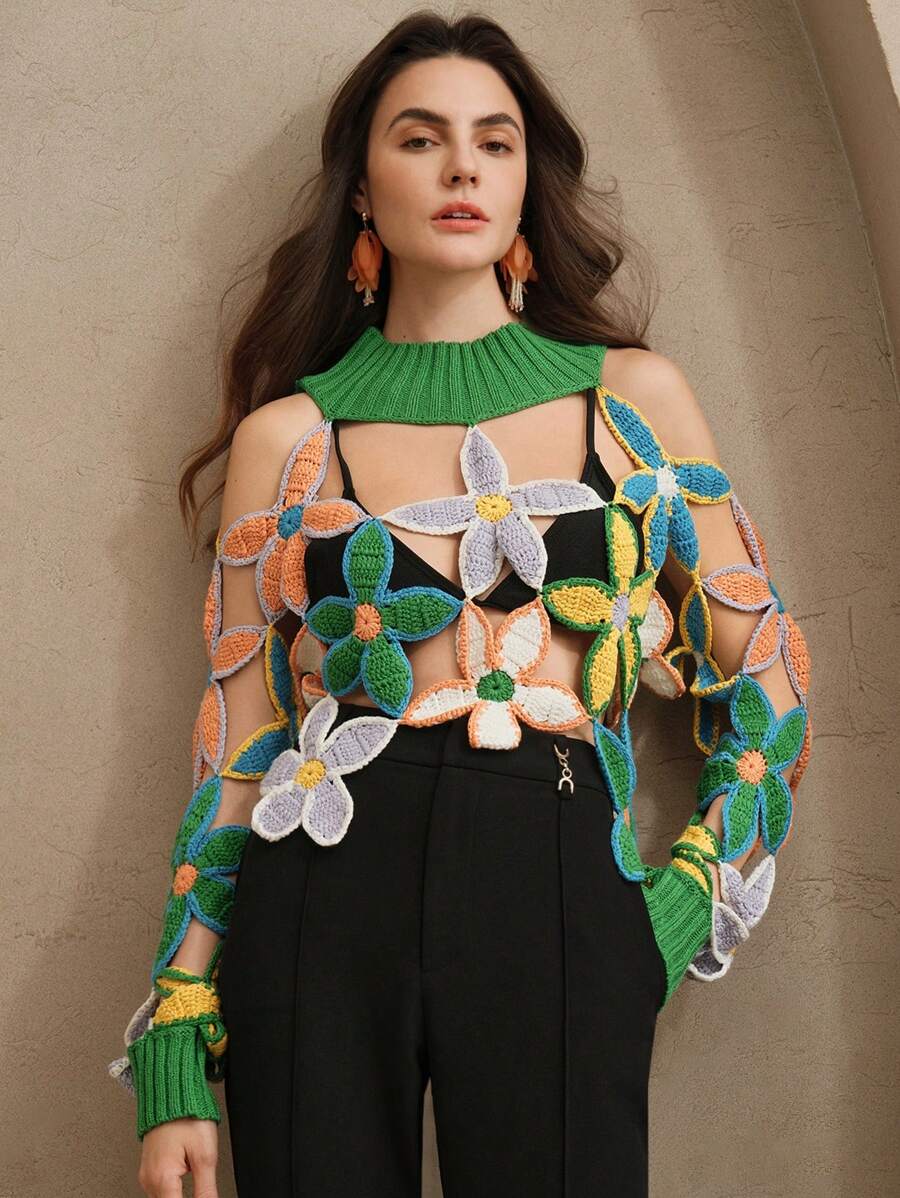 Anewsta 女士花卉刺绣镂空长袖休闲针织套头衫，适合度假穿着，秋冬季节也适宜。 - 綠色 - 查看 1