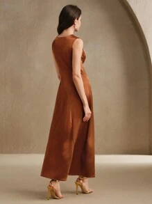 Anewsta 优雅深棕色缎面裹身裙，无袖收腰喇叭形长裙，女士夏季服装，Old Money