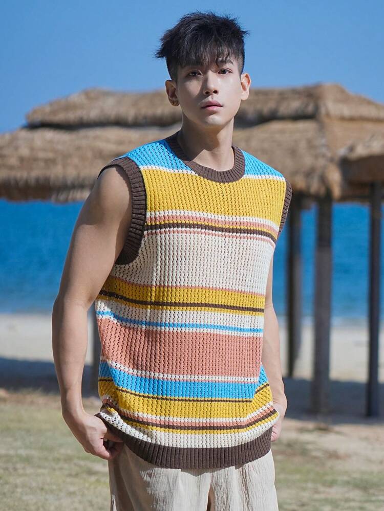 Summer Striped Multicolor Casual Beach Vest For Men