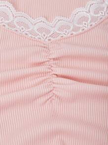 SHEIN 2pcs Set Teens Girls Casual Lovely Lace Trim Striped Short Sleeve T-Shirt And Heart Print Flared Pants Outfit, Suitable For Leisure Outdoor - Multicolor - View 5