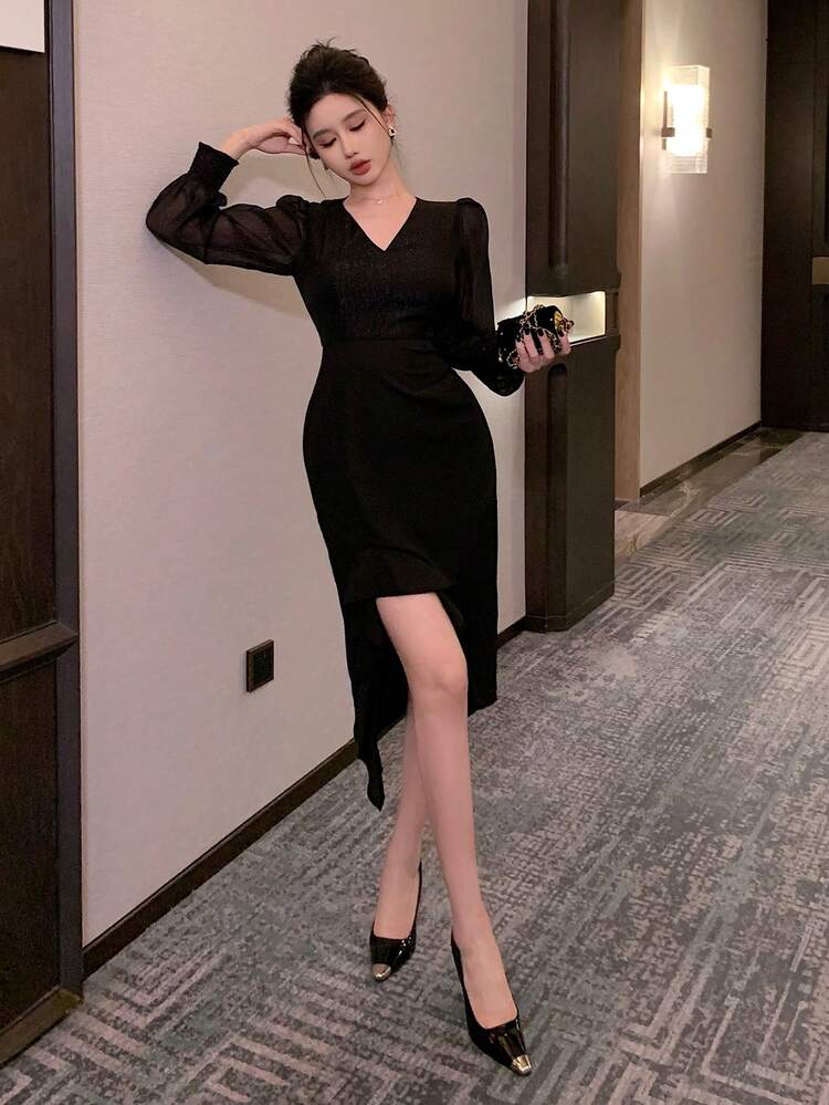 V-Neck Sequin Puff Sleeve Split Ruffle Hem Mid-Length Dress For Women Prom Dress,Fall Dress Long Sleeve Dress Elegant Women Dresses